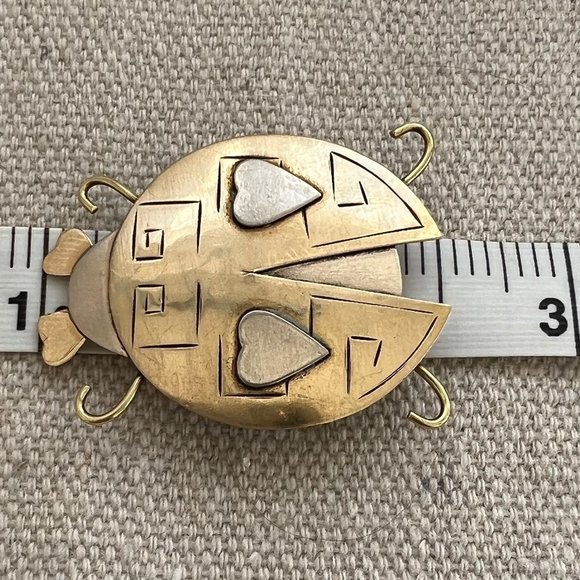 Vintage Brass and Silver Tone Etched Heart Ladybug Brooch - Picture 6 of 7